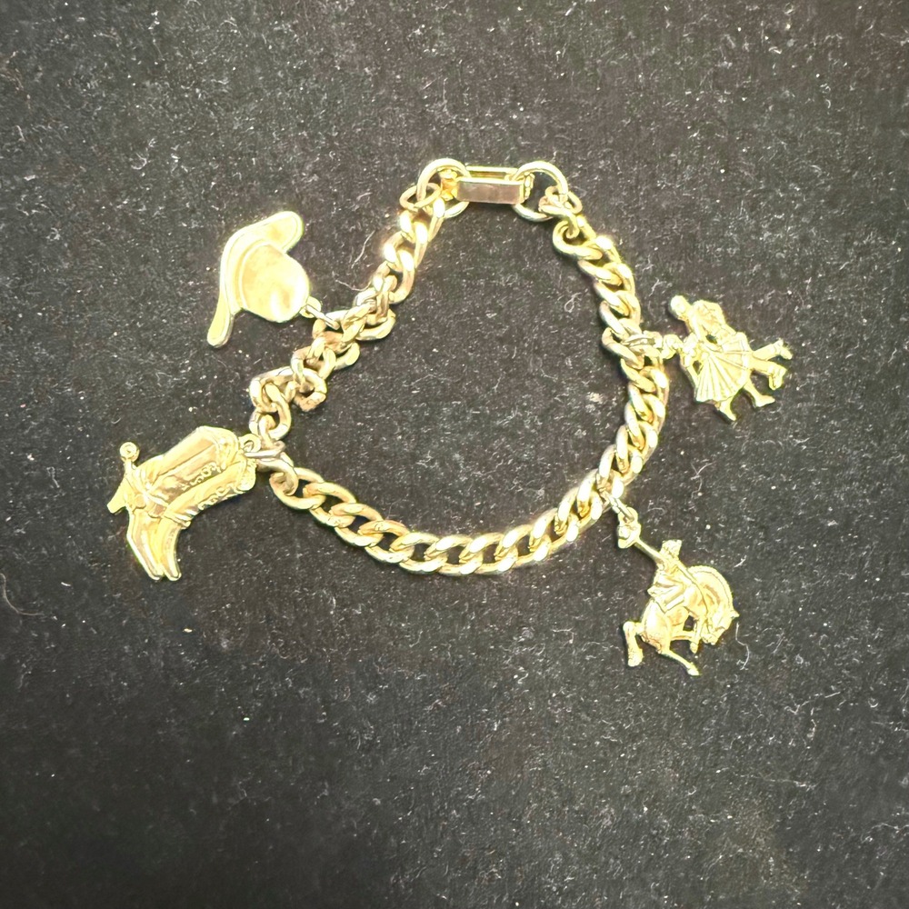 Vintage Western‎ Charm Bracelet Gold Tone Cowboy Boots Bronco Hat Square Dancers